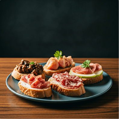 Colorful tapas on wooden board
